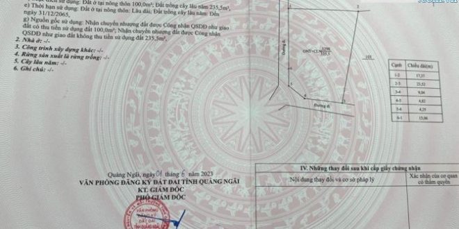 Bán vườn 2 mặt diện 335m2, đường rộng 5m Ô tô tránh nhau, Hành Dũng