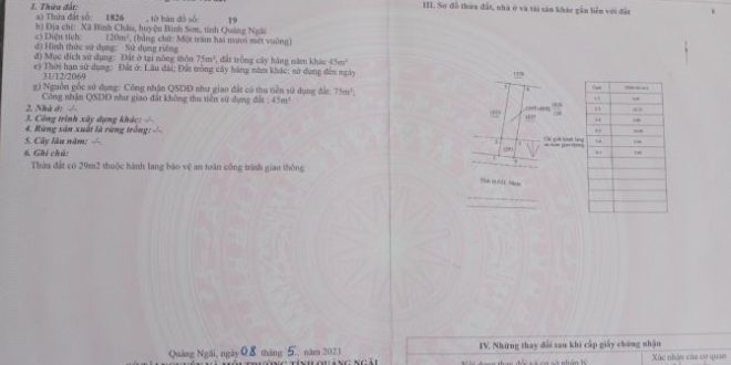 Bán đất mặt tiền tỉnh lộ 621 xã Bình Châu TP Quảng Ngãi