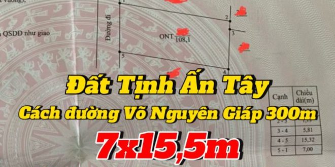 BÁN ĐẤT GẦN ĐƯỜNG VÕ NGUYÊN GIÁP 300m, 7x15,5m, GIÁ: 7xxtr