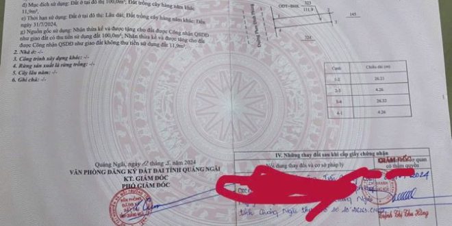 Bán đất mặt tiền Phan Đình Phùng gần Trần Hưng Đạo TP Quảng Ngãi